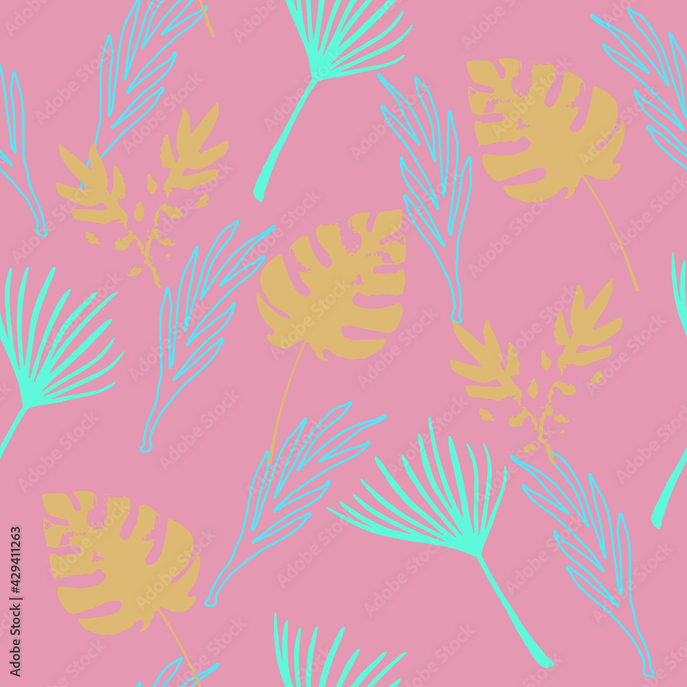 Modern Tropical Vector Seamless Pattern. Feather Banana Leaves Monstera Dandelion Tropical Seamless Pattern.