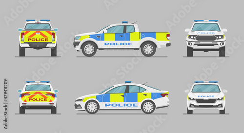 English police car. Side view, front view, back view. Cartoon flat illustration, auto for graphic and web