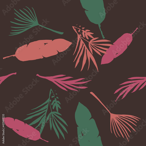 Modern Tropical Vector Seamless Pattern. Drawn Floral Background. Dandelion Feather Monstera Banana Leaves