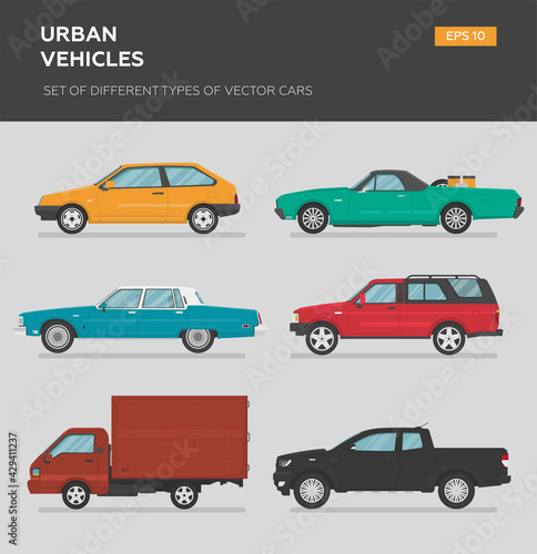 Transport design over white background  vector illustration. Collection car icon set 4x4  business auto  vintage car  sedan  truck  pickup. 