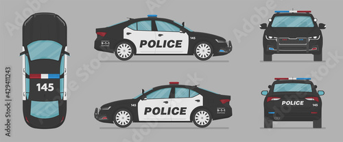 Vector sedan auto. American police car. Side view, front view, back view, top view. Cartoon flat illustration, auto for graphic and web
