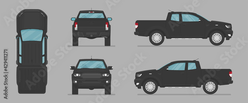 Vector pickup truck. Side view, front view, back view, top view. Cartoon flat illustration, car for graphic and web