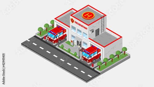 A modern fire station building in an isometric projection. There's a fire truck in the garage. There is a helipad on the roof.