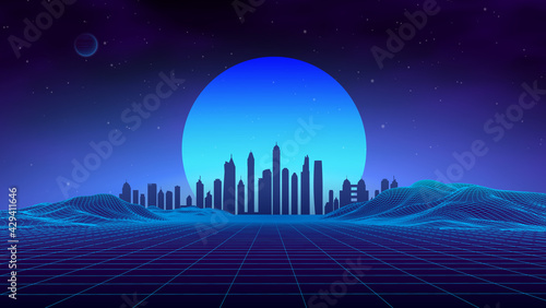 Retro landscape blue background. 3d vector background. Futuristic technology mountain landscape. Digital city neon 80s technology music background. EPS 10.