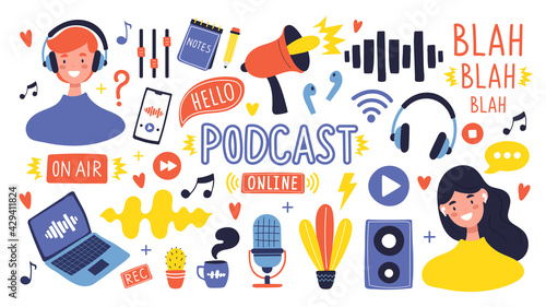Podcast show collection. Equipment for recording and listening podcast shows: Microphone, laptop, headphones... Hand drawn, cartoon style vector illustration. Isolated vector elements and characters.

