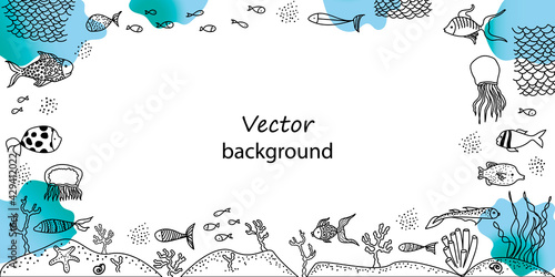 Frame of sea animals. Abstract fishes and fishing net, jellyfish, seaweed, coral, starfish, blue spots. Vector background. Marine summer design. Perfect for poster, card.