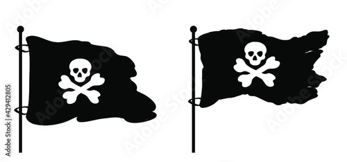 Black piracy flag icon. Cartoon style pirate skull. The skull and crossbones symbol on a black flag. Jolly Roger Pirate flag.