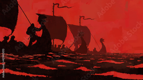 Drakkars sail on the sea against the background of the bloody sky. The ships are in formation. Warriors are ready to attack. 2D illustration.  photo