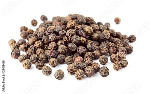 Peppercorns macro. Black Pepper isolated on white. Peppercorn on white background. With soft focus.