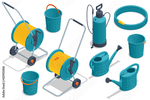 Isometric set of garden tools. Hose, sprayer, bucket, watering, isolated on white background.