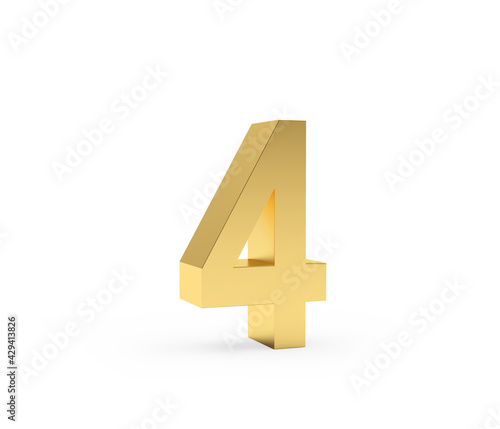 Number four is made of gold metal on a white background. 3d illustration 