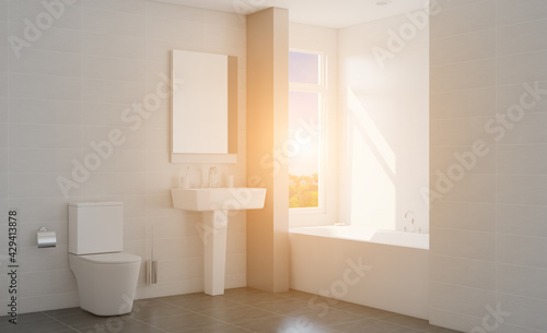 Scandinavian bathroom  classic  vintage interior design. 3D rendering. Sunset.