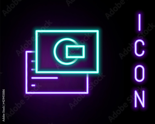 Glowing neon line Visiting card, business card icon isolated on black background. Corporate identity template. Colorful outline concept. Vector