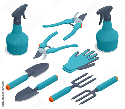 Isometric set of garden tools. Rake, pruner, sprayer, shovel, mittens, pitchfork, cutter, isolated on white background.