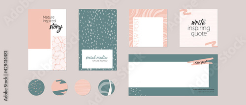 Instagram social media story post feed, highlight template with space text. minimal abstract hand drawn organic shape background layout mockup in pastel pink green color for beauty, spa, fashion, food
