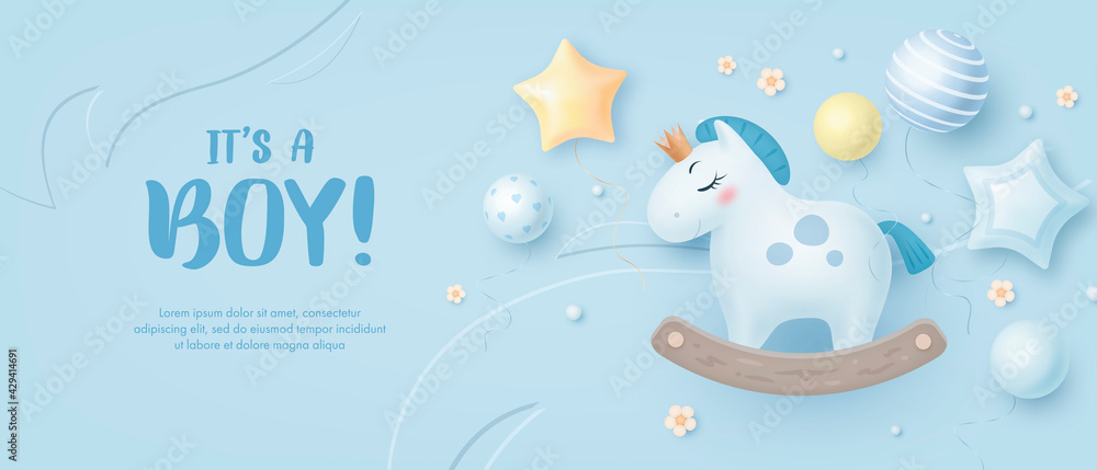 Baby shower horizontal banner with cartoon horse, helium balloons and flowers on blue background. It's a boy. Vector illustration