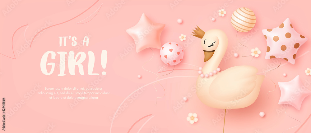 Baby shower horizontal banner with cartoon swan, helium balloons and flowers on pink background. It's a girl. Vector illustration