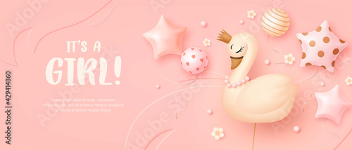 Baby shower horizontal banner with cartoon swan, helium balloons and flowers on pink background. It's a girl. Vector illustration