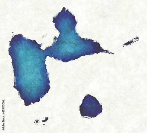 Guadeloupe map with drawn lines and blue watercolor illustration