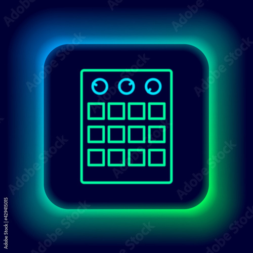 Glowing neon line Drum machine icon isolated on black background. Musical equipment. Colorful outline concept. Vector