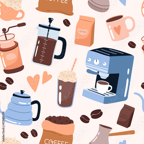 Coffee elements seamless pattern. Hand drawn cartoon style vector illustration. Coffee brewing equipment: Coffee machine, french press, grinder. Cups and mugs. Background for coffee shop menu, textile