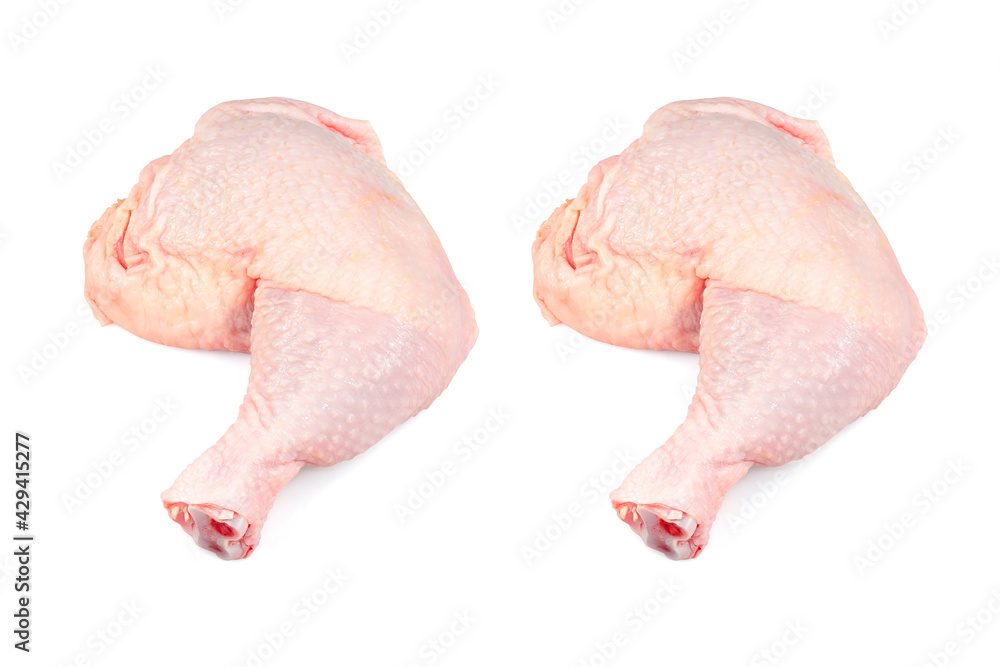 Fresh raw chicken meat, isolated on white background. Chicken drumstick or leg, top view. Fresh raw chicken meat, isolated on white background. Chicken drumstick or leg, top view.