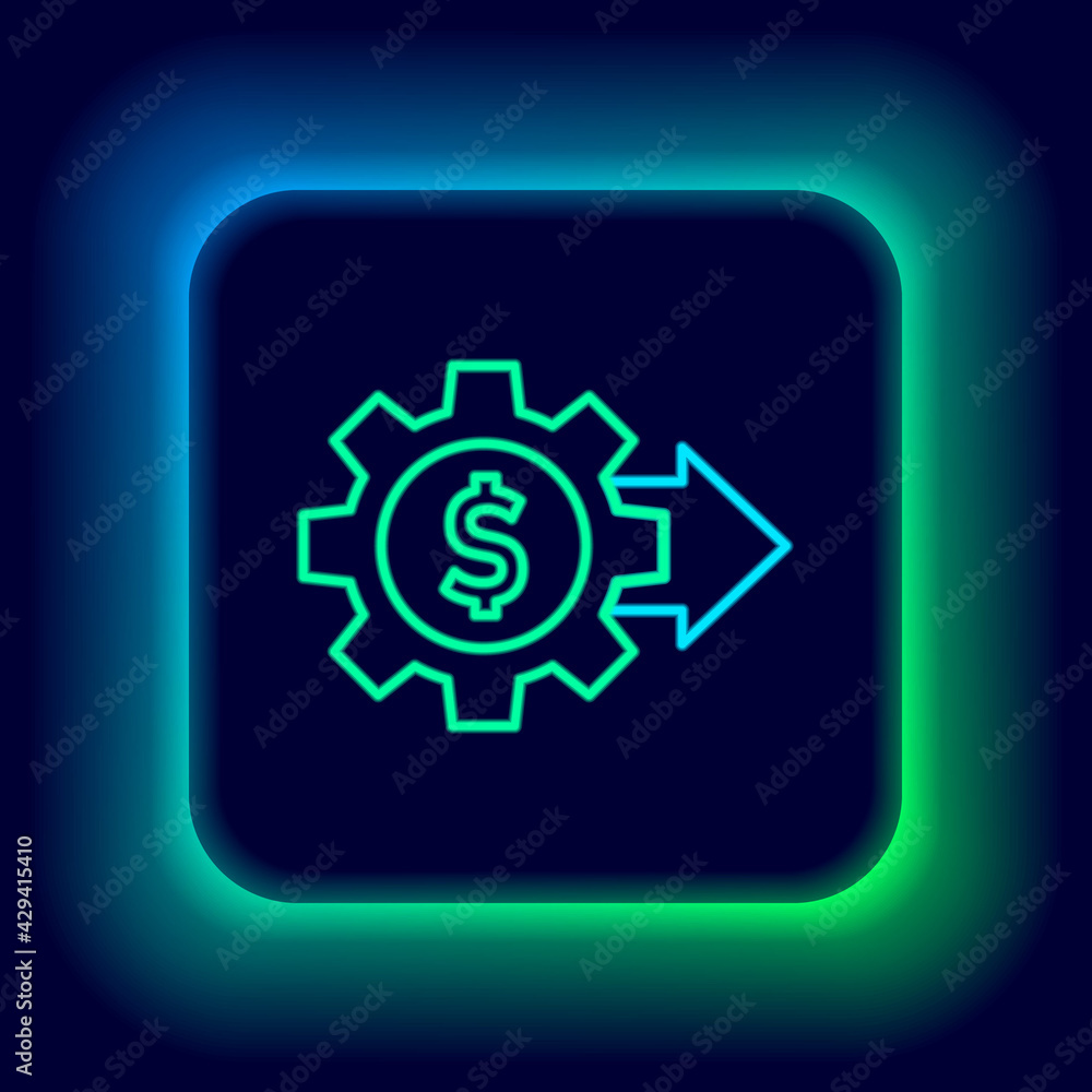 Glowing neon line Gear with dollar symbol icon isolated on black background. Business and finance conceptual icon. Colorful outline concept. Vector