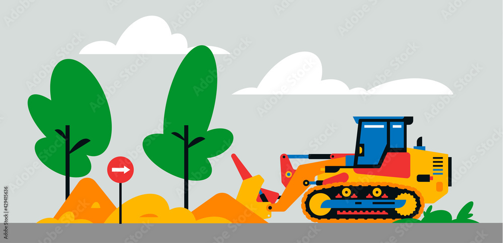 Construction machinery works at the site. Construction machinery, bulldozer on the background of a landscape of trees, sand, road sign. Vector illustration isolated on background