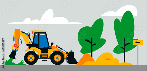 Construction machinery works at the site. Construction machinery, tractor, excavator, loader on the background of a landscape of trees, sand. Vector illustration on background