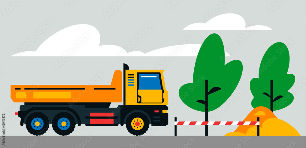 Construction machinery works at the site. Construction machinery, truck on the background of a landscape of trees, sand. Vector illustration on background