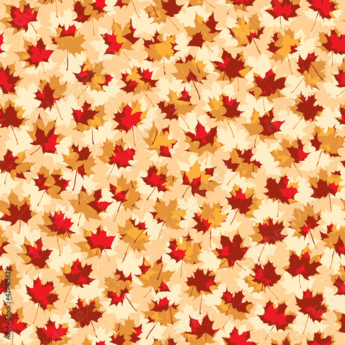 Seamless orange background from a sheet of perforating layers and many holes with shape of maple leaves.