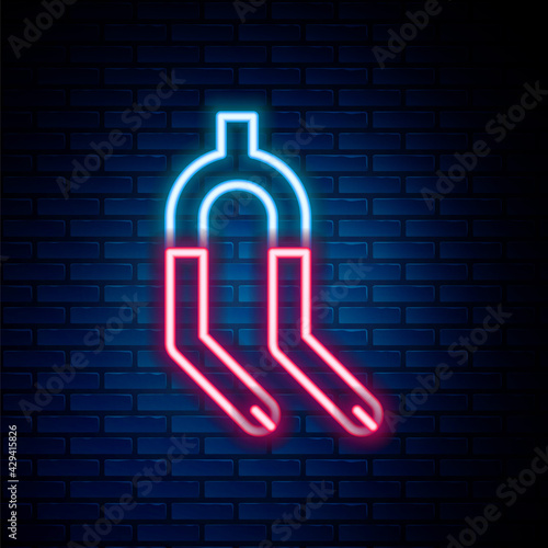 Glowing neon line Bicycle suspension fork icon isolated on brick wall background. Sport transportation spare part steering wheel. Colorful outline concept. Vector