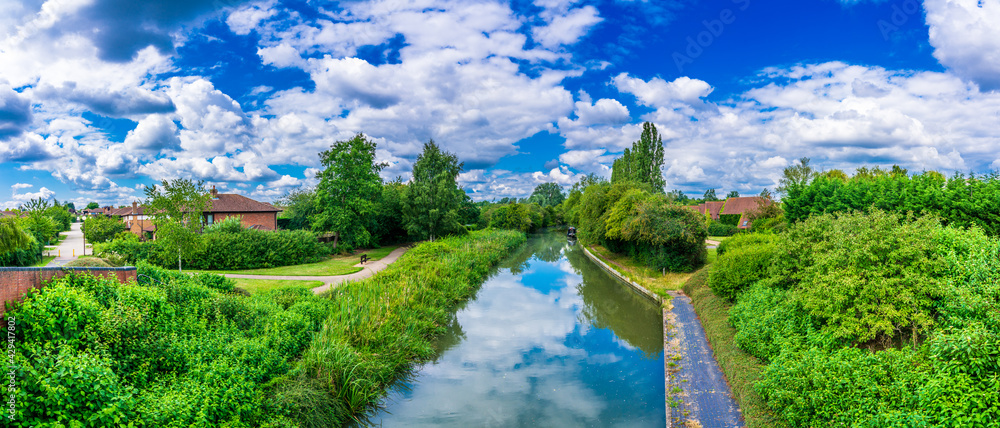 Panorama of Grand union water canal in Milton Keynes.England 