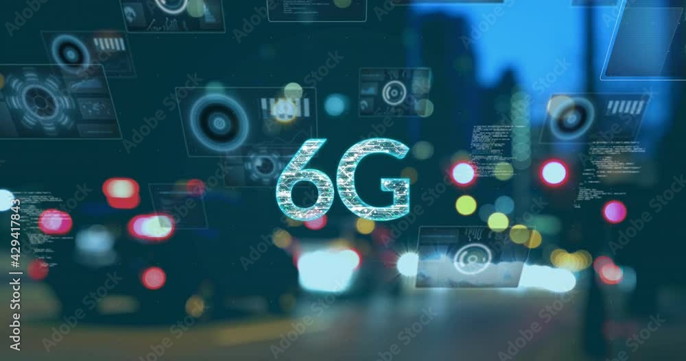 Animation of 6g text, data processing and scopes scanning on screens over out of focus road traffic Animation of 6g text, data processing and scopes scanning on screens over out of focus road traffic