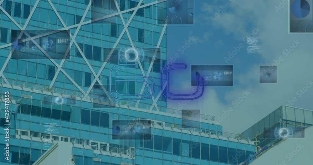 Animation of 6g text, data processing and scopes scanning on screens over modern building Animation of 6g text, data processing and scopes scanning on screens over modern building