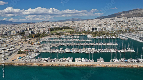 Aerial drone photo of beautiful Marina of Alimos with many luxury yachts and sail boats anchored, Athens riviera, Attica, Greece photo