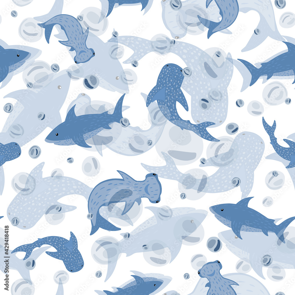 Fototapeta premium Seamless pattern see-through sharks on white background. Random print with Hammerhead, Whale, White shark and bubbles.