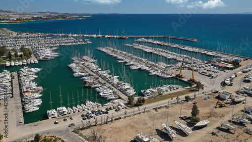 Aerial drone photo of beautiful Marina of Alimos with many luxury yachts and sail boats anchored, Athens riviera, Attica, Greece