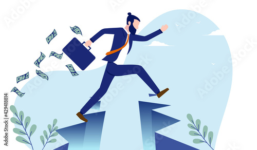 Taking risk in business and career - Brave businessman jumping over gap. Overcome obstacle and adversity concept. Vector illustration with white background.