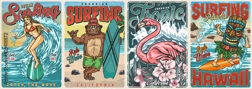 Ocean surfing vintage colorful posters