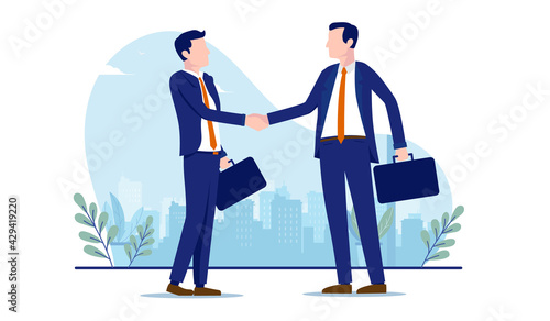 Business deal - Two businessmen shaking hands after agreement and negotiation. Corporate handshake concept. Vector illustration with white background.