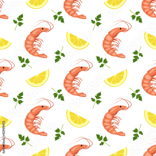 Seamless pattern with shrimps or prawns, lemon wedges and parsley leaves. Food print for textiles, paper and other designs. A source of vitamins and healthy nutrition