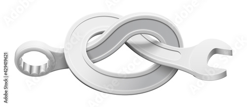 Box wrench bent into a knot. Twisted spanner repair tool. Symbol for support service workshop. Realistic isolated vector illustration.