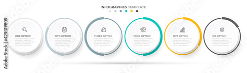 Business infographic template. Timeline elements design with circles and icons. Vector with 6 options or steps.