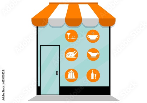 Tienda de comida con toldo, aperitivos, entremeses, sopas, consomés, segundos platos, salsas, postres y bebidas