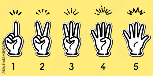 Icon set of hand gestures for number (Sticker-style)