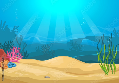 Murais de parede Vector cartoon colorful underwater landscape with sea plants and corals