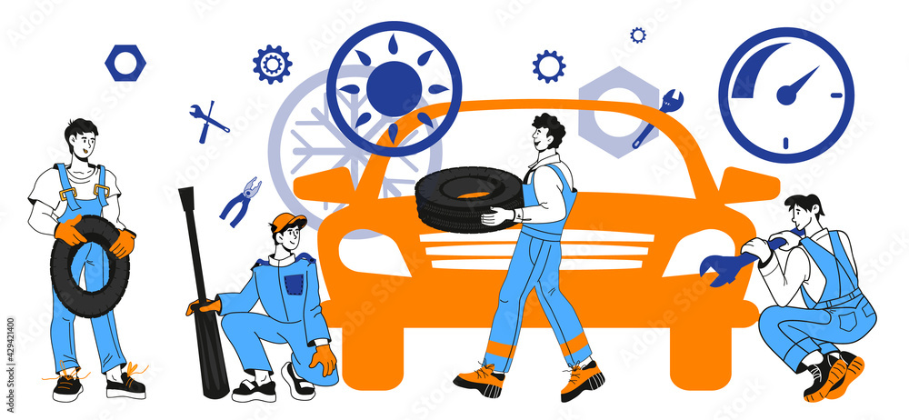 Car workshop and repair service banner with mechanics characters, cartoon vector illustration isolated on white. Workers in tire service or car repair garage.