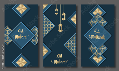 Eid mubarak greeting cards set. Eid holiday invitations templates collection with gold lettering. Vector illustration