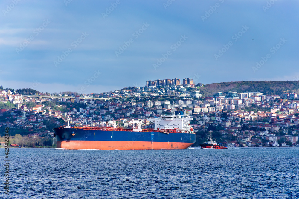 Huge cargo ship passing from istanbul bosphorus sea